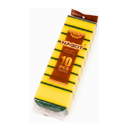 Pack of 10 Nagot Cleaning sponges, featuring a yellow sponge with dark green scrubbing sides, sealed in clear plastic packaging with a brown paper label.