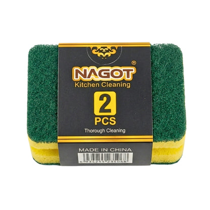 A pack of two Nagot kitchen cleaning sponges with a black paper label, showing green and yellow dual-sided scrubbing surfaces, on a plain white background.