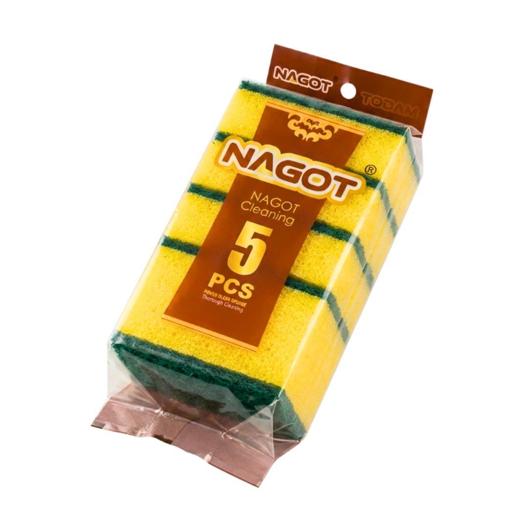 Nagot brand 5-piece multi-sided cleaning sponge in yellow and green, packaged in clear plastic with a brown header card.