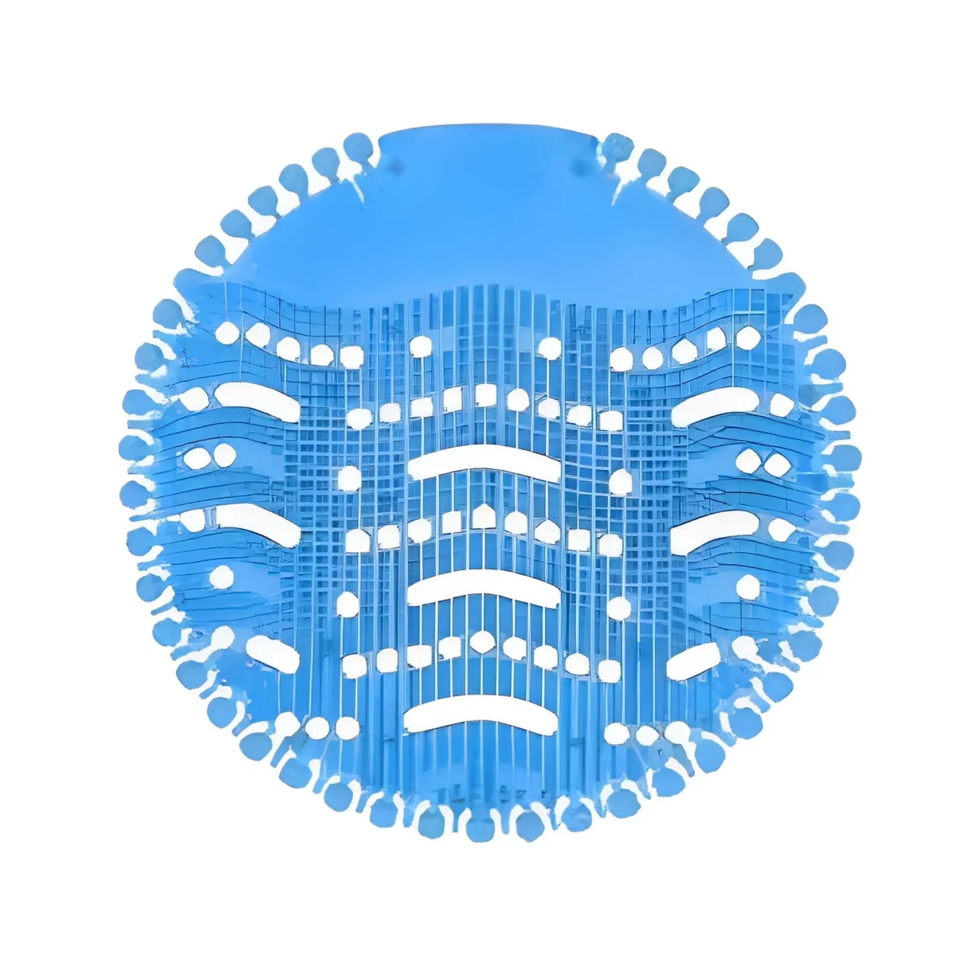 A blue circular silicone massage or scrubber pad with a grid-like textured pattern and circular cutouts, shown on a solid white background.