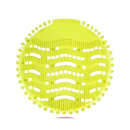 A bright yellow-green silicone scrubber or exfoliating pad with textured ridges, circular raised bumps around the perimeter, and multiple horizontal rows of oval cutouts, shown on a plain white background.