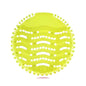 A bright yellow-green silicone scrubber or exfoliating pad with textured ridges, circular raised bumps around the perimeter, and multiple horizontal rows of oval cutouts, shown on a plain white background.