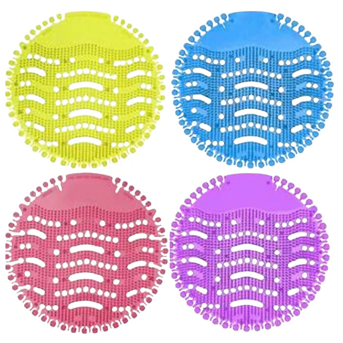 Four colorful silicone strainers in yellow, blue, pink, and purple on a white background.