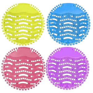 Four colorful silicone strainers in yellow, blue, pink, and purple on a white background.