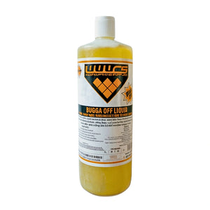 A bottle of Wubs Bugga Off Liquid bug remover, featuring a translucent yellow liquid inside a clear plastic bottle with a white cap and a white label.